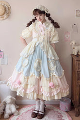 マルチカラー【綿綿マカロン】ノースリーブ多層フリルリボンレーススイートロリータジャンパースカートドレス(ロングバージョン)